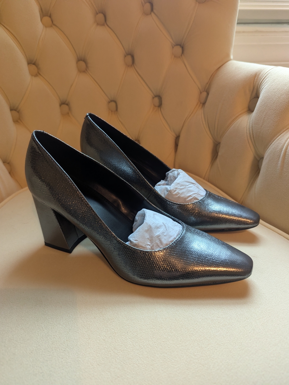 Marc Fisher Metallic Pewter Block Heel Pumps